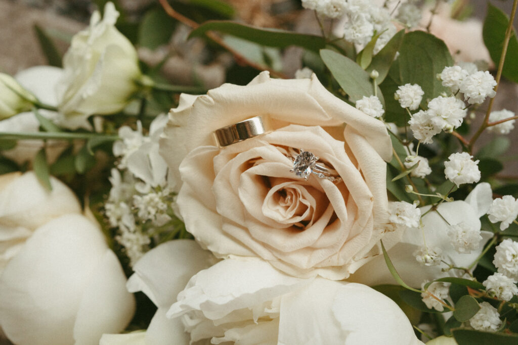 rings in wedding bouquet