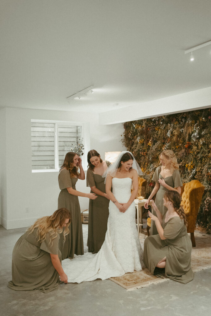 Bride and bridesmaids in the Getting Ready Room at Sage & Solace Wedding Venue in Langley, BC