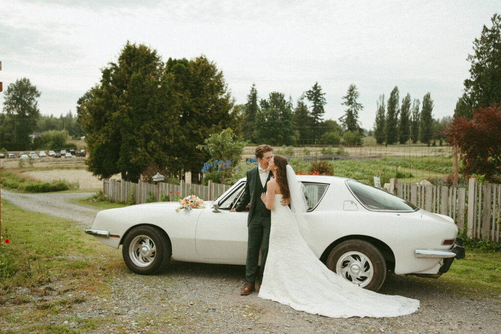 Bridal Portraits with a vintage car at Sage & Solace Wedding Venue in Langley BC